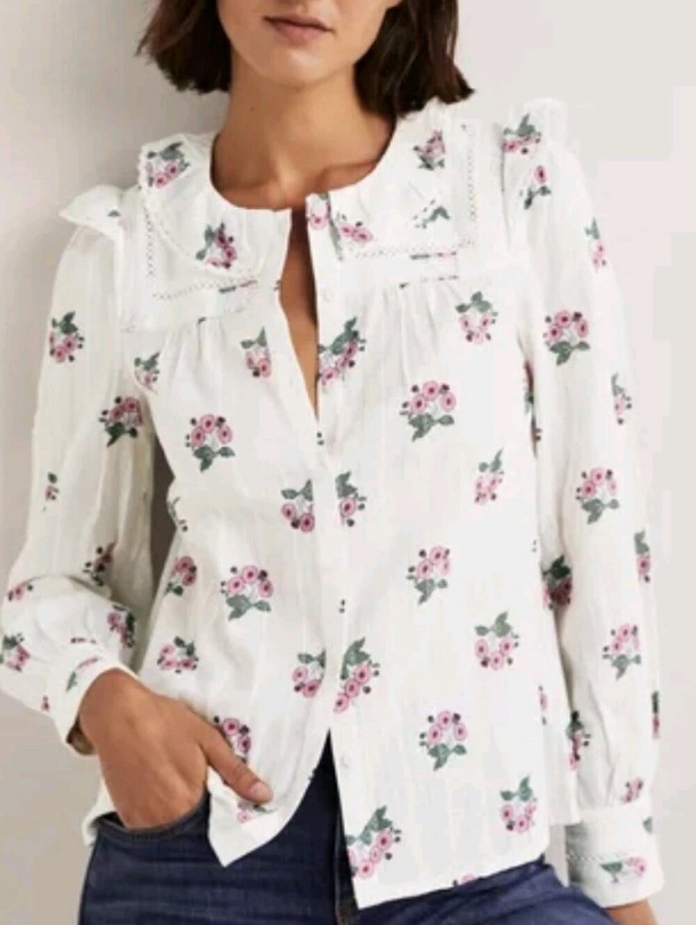 Boden Floral Crochet Trim Top Ivory Wild Pansy Preppy Boho Cottage Feminine